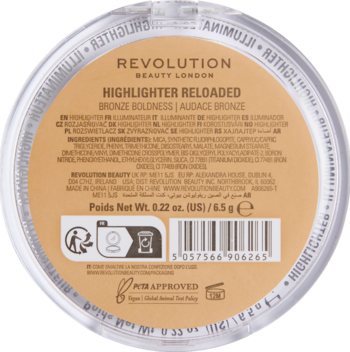 Tył opakowania rozświetlacza Revolution Reloaded Highlighter Bronze Boldness, okrągły kompakt z etykietą i kodem kreskowym.