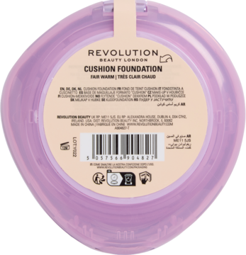 Tył fioletowego, zaokrąglonego opakowania podkładu Revolution Superdewy Cushion Foundation Fair Warm z etykietą.