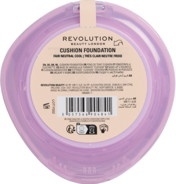 Tył fioletowego kompaktu Revolution Superdewy Cushion Foundation, odcień Fair Neutral Cool, z beżową etykietą.