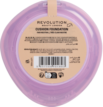 Fioletowy kompakt Revolution Cushion Foundation Fair Neutral, widok z tyłu z beżową etykietą i kodem.
