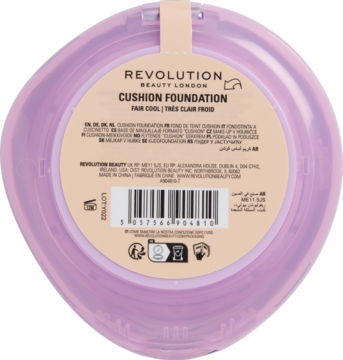Tył jasnofioletowego podkładu Revolution Superdewy Cushion Foundation Fair Cool, z etykietą i detalami.