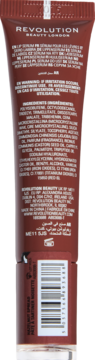 Tył koloryzującego serum do ust Revolution Peptide Glaze, Hazelnut Spread, z opisem i kodem.