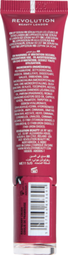 Tył tubki Revolution Peptide Glaze Tinted Lip Serum Raspberry Crush z listą składników i kodem kreskowym.