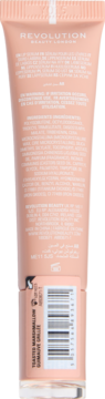 Tył brzoskwiniowo-różowej tubki Revolution Peptide Glaze Tinted Lip Serum Toasted Marshmallow, z białym tekstem i kodem.