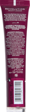 Tył opakowania koloryzującego serum do ust Revolution Peptide Glaze, magenta, ze składem i kodem.