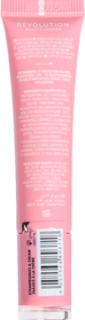 Tył różowego serum do ust Revolution Peptide Glaze, odcień Strawberries & Cream, z białym tekstem i kodem kreskowym.