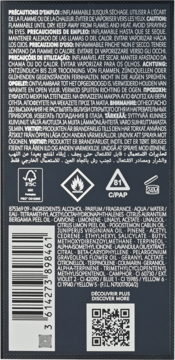 Tył opakowania wody perfumowanej z ostrzeżeniami w wielu językach, listą składników, kodem kreskowym i QR code.
