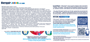 Biorepair Junior 6-12 lat, białe opakowanie pasty z kolorowymi elementami, czytelne teksty i QR kod.
