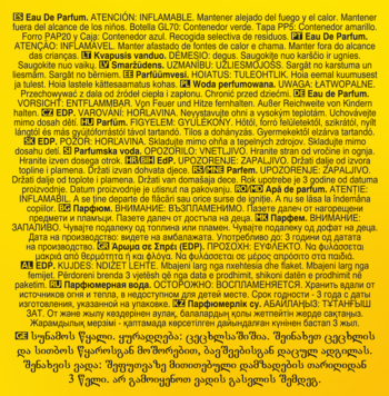 Tył opakowania wody perfumowanej Incandessence Bright, żółta etykieta z drobno drukowanym, wielojęzycznym tekstem.