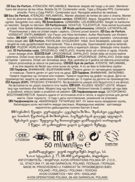 Tył opakowania wody perfumowanej Avon Far Away, z wielojęzycznym tekstem, oznaczeniami regulacyjnymi, 50 ml.