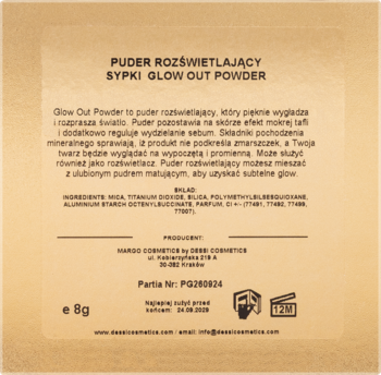 Tył opakowania pudru rozświetlającego Dessi Glow Out Powder 8g, jasnobrązowe z czarnym tekstem.