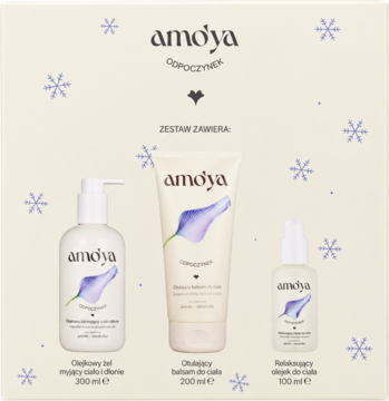 Zestaw prezentowy Amoya: żel myjący 300ml, balsam 200ml i olejek 100ml. Białe opakowania z niebieskim kwiatem na zimowym tle.