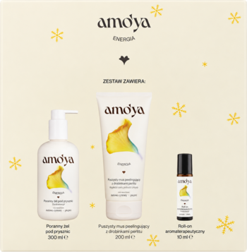 Zestaw amo'ya ENERGIA: biały żel perfumowany, odżywka peelingująca i czarny roll-on na jasnym tle.