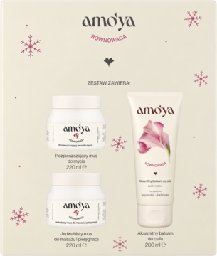 Zestaw amo'ya RÓWNOWAGA: dwa białe musy do mycia/masażu (220ml) i balsam do ciała (200ml) na tle w płatki śniegu.