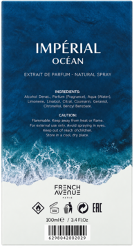 Tył opakowania perfum French Avenue Impérial Océan 100ml. Granatowe z listą składników i wzorem fal.