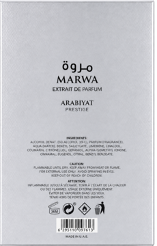 Tył srebrnego pudełka perfum Marwa Extrait de Parfum Arabiyat Prestige z listą składników i kodem kreskowym.