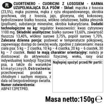 Biała etykieta karmy uzupełniającej dla psów CUORTENERO CUORICINI Z LOSOSIEM 150g, z czarnym tekstem składu i dawkowania.