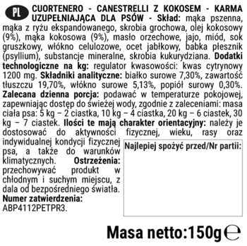 Tył opakowania ciasteczek dla psów Cuortenero Canestrelli z kokosem, z polskim opisem składu i dawkowania.