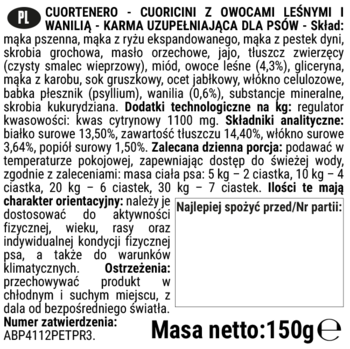Widok z bliska na białą etykietę CUORTENERO KARMA DLA PSÓW, CUORICINI z owocami leśnymi i wanilią, 150g.