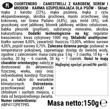 Opakowanie białych ciasteczek DoggyeBag Canestrelli dla psów, 150g, z widocznym składem i wagą.