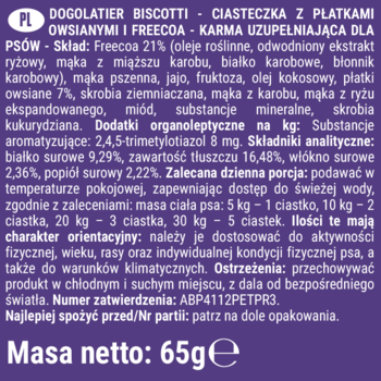 Dogolatier Biscotti ciasteczka dla psów, tył opakowania. Ciemnofioletowa etykieta ze składem, dawkowaniem i masą 65g.