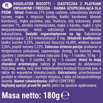 Tył fioletowego opakowania ciasteczek Dogolatier Biscotti 180g. Widoczny pełny skład i dawkowanie dla psów.