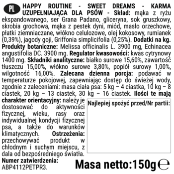 HAPPY ROUTINE Sweet Dreams karma dla psów, etykieta z pełnym składem: ryż, ser, rumianek, melisa. Dawkowanie, 150g.