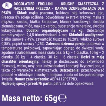Tył opakowania ciasteczek Dogolatier Frollini dla psów, z białym tekstem: skład, dawkowanie i masa netto 65g.