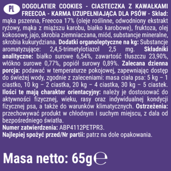 Tył fioletowego opakowania Dogolatier Cookies Freecoa dla psa. Skład, dawkowanie i masa netto 65g.