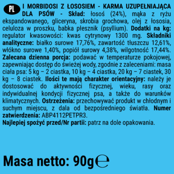 Tył opakowania karmy DoggyeBag Morbidosi z łososiem dla psów. Ciemne tło, biały tekst ze składem i dawkowaniem.