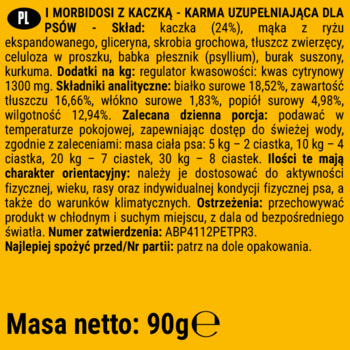 Tył opakowania DoggyeBag Morbidosi z kaczką, karma uzupełniająca dla psów 90g, skład i dawkowanie.