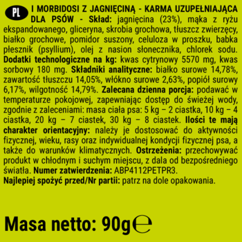 DoggyeBag Morbidosi z jagnięciną, karma uzupełniająca dla psów, 90g. Tył zielonego opakowania z danymi.