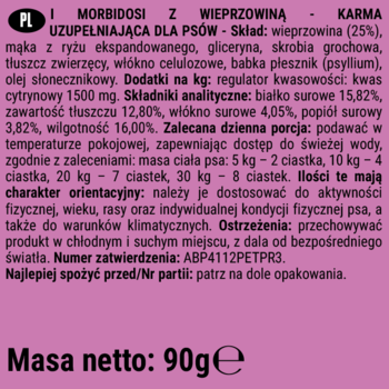Tył opakowania karmy dla psów DoggyeBag Morbidosi z wieprzowiną, z informacjami o składzie i dawkowaniu.