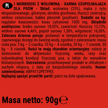Tył czerwono-pomarańczowego opakowania DoggyeBag I Morbidosi z Wołowiną, uzupełniającej karmy dla psów 90g, z czytelnym składem.