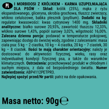 DoggyeBag I MORBIDOSI z królikiem, karma uzupełniająca dla psów. Tył zielonej torebki ze składem, dawką.