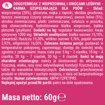 Tył różowego opakowania karmy DOGGYEBREAK dla psów z wieprzowiną i owocami leśnymi, widoczny skład i masa netto 60g.