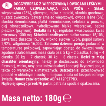 Tył różowego opakowania DOGGYEBREAK, karmy uzupełniającej dla psów, ze składem i masą netto 180g.