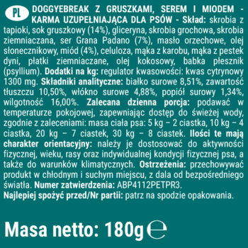 Zbliżenie etykiety karmy DOGGYEBREAK dla psów, z tekstem o składzie, dawkowaniu i masie netto 180g.