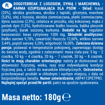 Etykieta karmy DOGGYEBREAK z łososiem, dynią i marchewką 180g. Widoczne skład, dawkowanie na ciemnym tle.