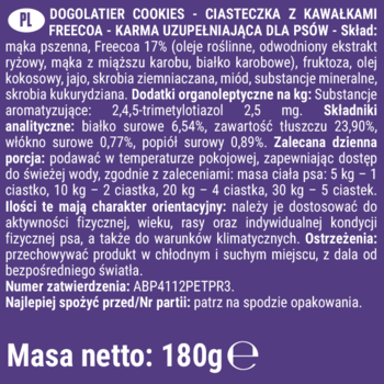 Tył fioletowego opakowania ciasteczek Dogolatier Cookies Freecoa dla psów, widoczne składniki i masa netto.