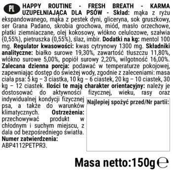 Tył opakowania HAPPY ROUTINE FRESH BREATH KARMA DLA PSÓW, widoczne szczegóły składu, dawkowanie i masa 150g.