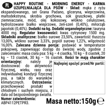 Biała etykieta HAPPY ROUTINE MORNING ENERGY karma uzupełniająca dla psów, skład i dawkowanie, 150g.