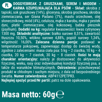 DOGGYEBREAK dla psów z gruszkami, serem i miodem. Zbliżenie na tylną etykietę, widoczny skład i masa 60g.