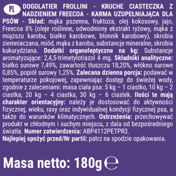 Tył fioletowego opakowania Dogolatier Frollini, ciasteczek Freecoa dla psów, z białym tekstem składników i dawkowania.