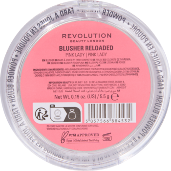 Okrągły róż Revolution Blusher Reloaded Pink Lady, widok z góry, różowa etykieta z napisami.