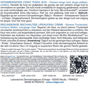 Tył opakowania Uriage Xemose C8+ Cerat Balsam z pełnym składem INCI i tekstem w wielu językach, kod QR.