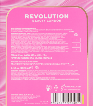 Tył różowo-złotego opakowania Revolution Beauty London z listą składników, gramaturą i kodem EAN.