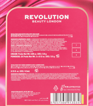 Tył różowego opakowania paletki do makijażu Revolution Beauty London ze składem i gramaturą produktów.