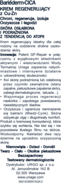 Bariéderm-CICA krem regenerujący z Cu-Zn, etykieta produktu z opisem dla skóry atopowej, widok tekstowy.
