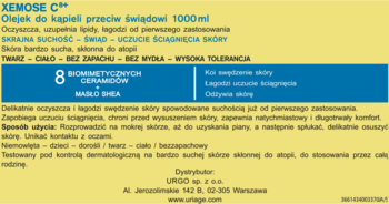 Żółta etykieta olejku Xemose 1000ml, przeciw świądowi, dla suchej skóry. Widoczne informacje o składzie i działaniu.
